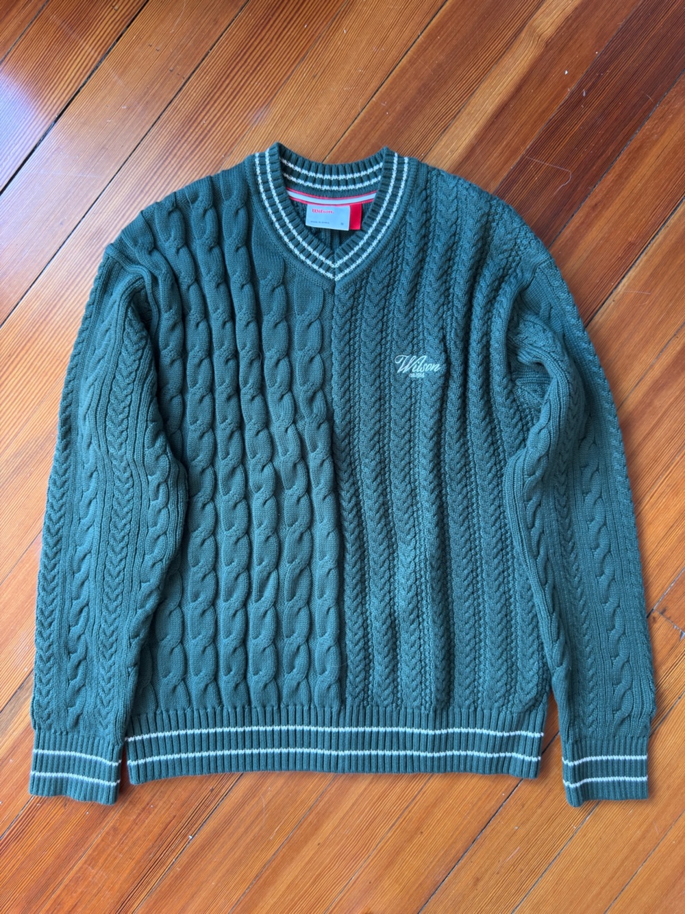 Wilson Dark Green Cable-Knit Crewneck Sweater